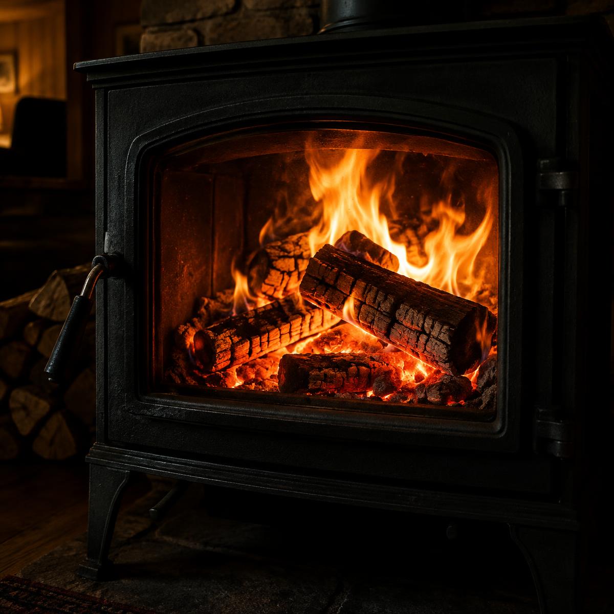 Wood fire burning in a cast iron stove